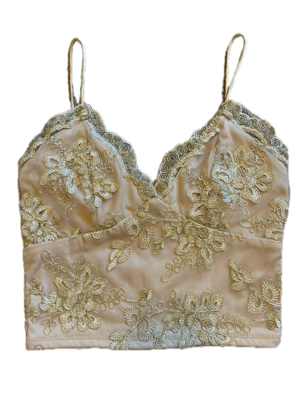 Charlotte Russe Y2K Nude Embroidered Lace-Trim Cami Crop Top